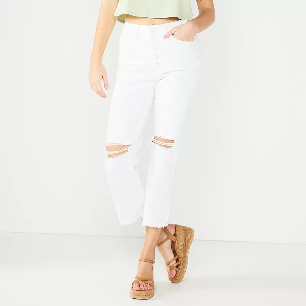 Juniors SO High Rise Kick Flare Crop Button Fly Jeans - White - 1 - NWT